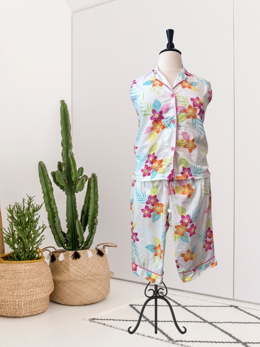 PJ Salvage 2PC Floral Sleeveless Button Top Long Shorts Capri Pajama Set